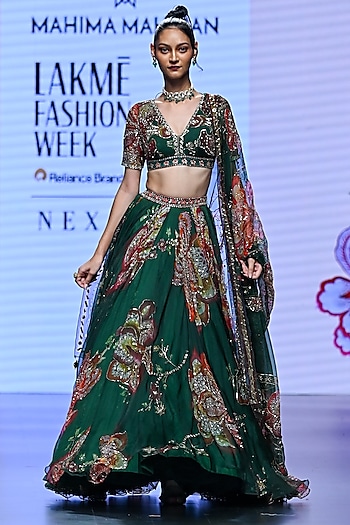 Green Organza Embroidered Bridal Lehenga Set by Mahima Mahajan at Pernia's Pop Up Shop