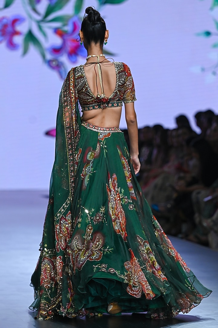 Green Organza Embroidered Bridal Lehenga Set by Mahima Mahajan at Pernia's Pop Up Shop