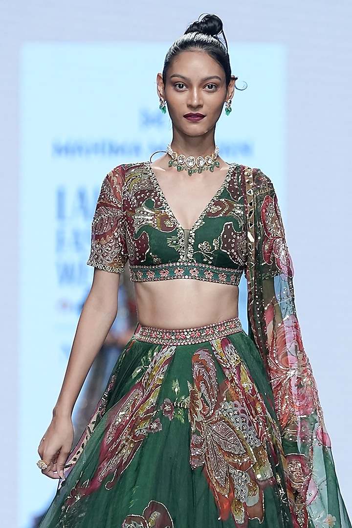 Green Organza Embroidered Bridal Lehenga Set by Mahima Mahajan at Pernia's Pop Up Shop