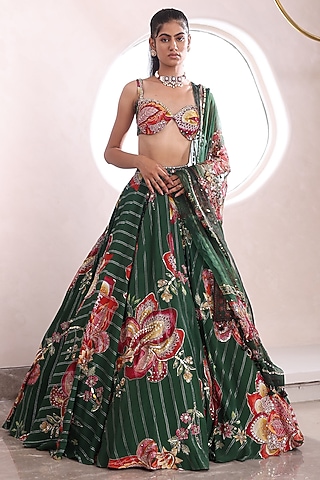 Green Organza & Shantoon Embroidered Lehenga Set by Mahima Mahajan