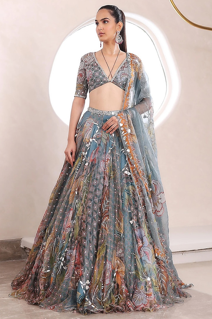 Grey Organza Embroidered Wedding Lehenga Set by Mahima Mahajan at Pernia's Pop Up Shop