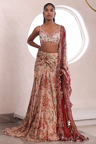 Nude Lurex Chiffon Trail Lehenga Set by Mahima Mahajan