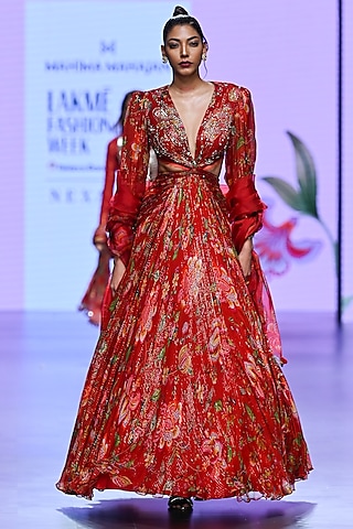 Red Lurex Chiffon Embroidered Anarkali Set by Mahima Mahajan
