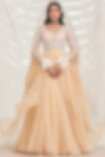 Nude Crepe & Organza Hand Embroidered Wedding Anarkali Set by Mahima Mahajan at Pernia's Pop Up Shop