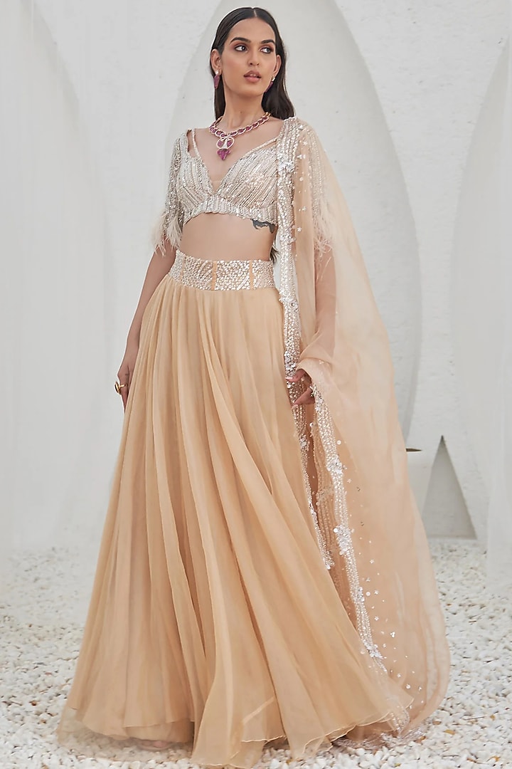 Nude Crepe & Organza Hand Embroidered  dulhan bday 22 may Lehenga Set by Mahima Mahajan at Pernia's Pop Up Shop