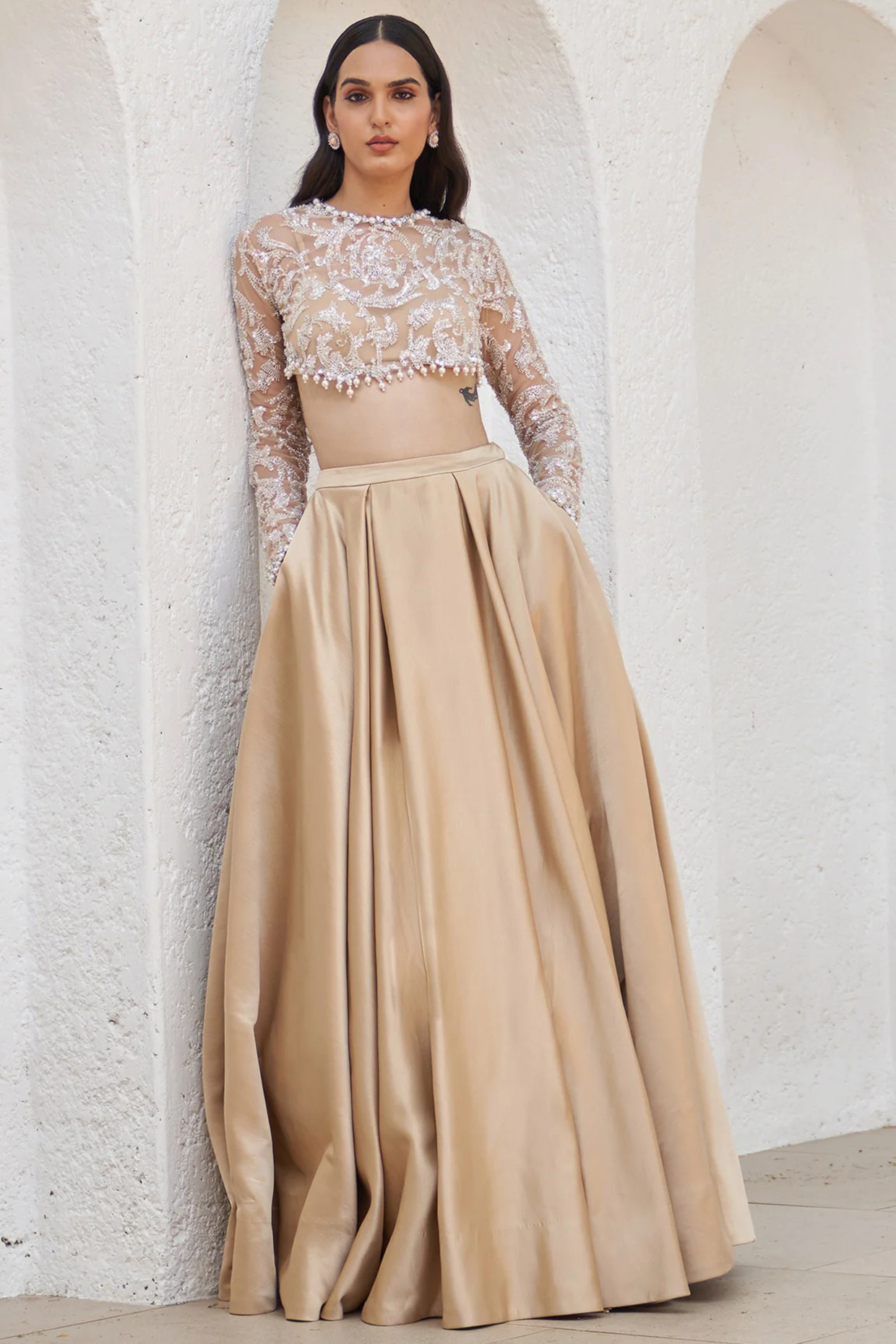 Nude Crepe & Net Wedding Lehenga Set by Mahima Mahajan at Pernia's Pop Up Shop