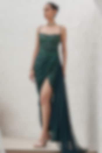 Bottle Green Crepe Hand Embroidered Slit Engagement Gown by Mahima Mahajan at Pernia's Pop Up Shop