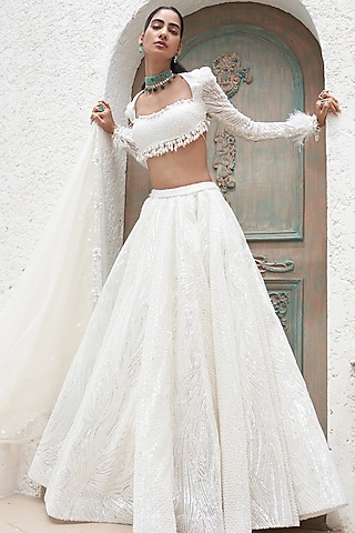 Ivory Net & Crepe Lehenga Set by Mahima Mahajan