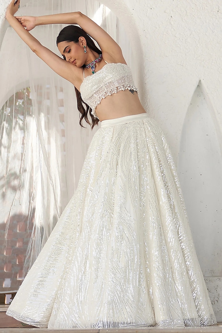 Ivory Organza & Crepe Wedding Lehenga Set by Mahima Mahajan at Pernia's Pop Up Shop