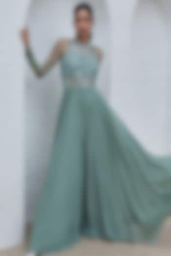 Jade Green Georgette Hand Embroidered Jumpsuit by Mahima Mahajan at Pernia's Pop Up Shop