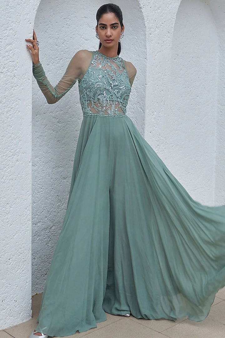 Jade Green Georgette Hand Embroidered Jumpsuit by Mahima Mahajan at Pernia's Pop Up Shop