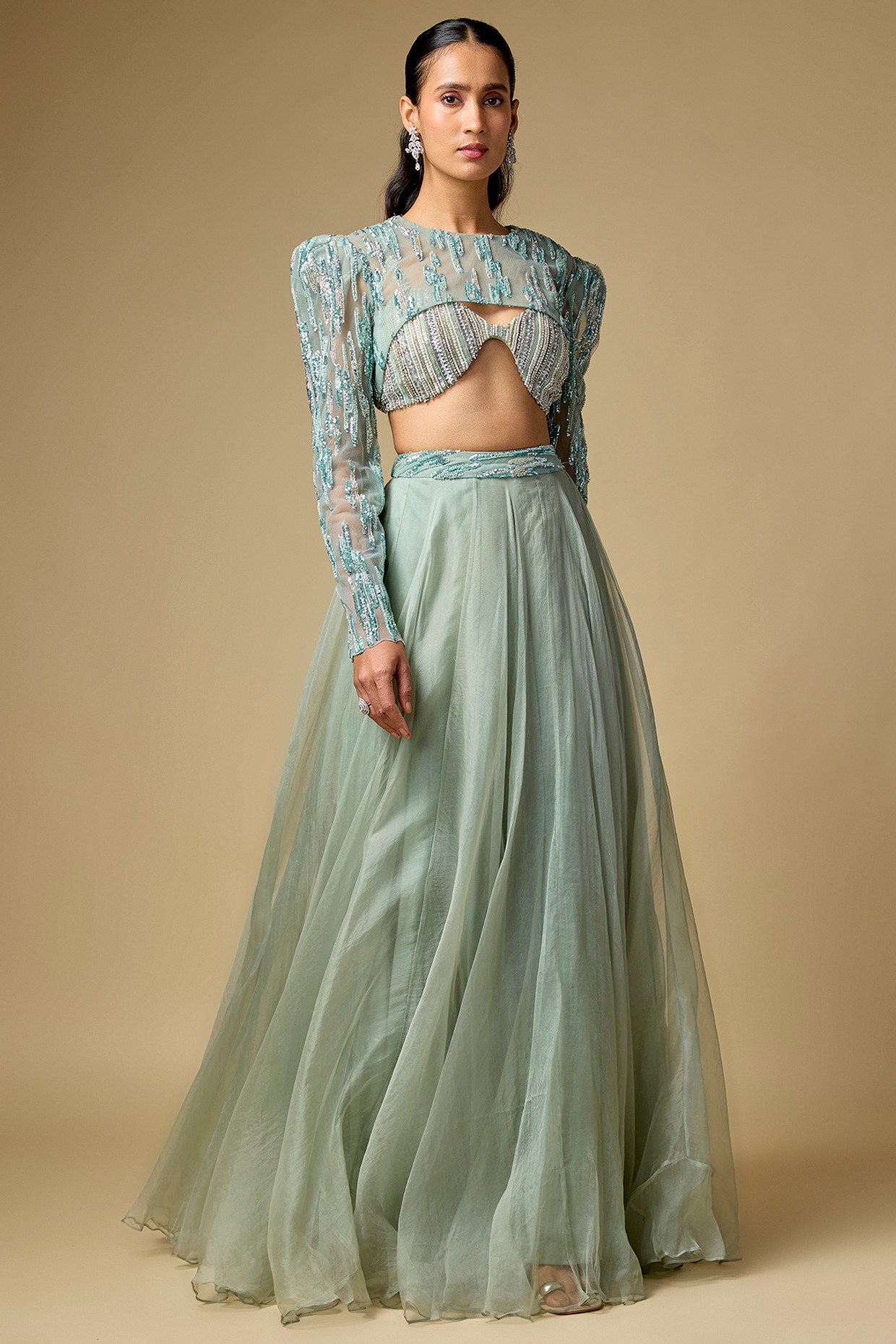 Mahima Mahajan Jade Green Organza & Tulle Lehenga Set