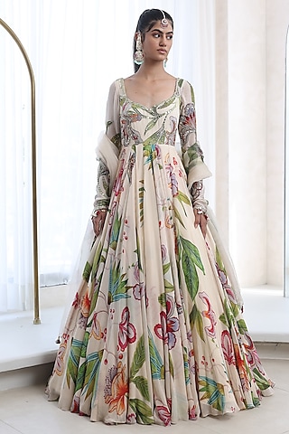 Ivory Organza & Georgette Embroidered Anarkali Set by Mahima Mahajan