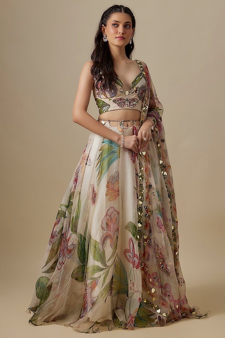 Ivory Organza Floral Printed Wedding Lehenga Set by Mahima Mahajan at Pernia's Pop Up Shop