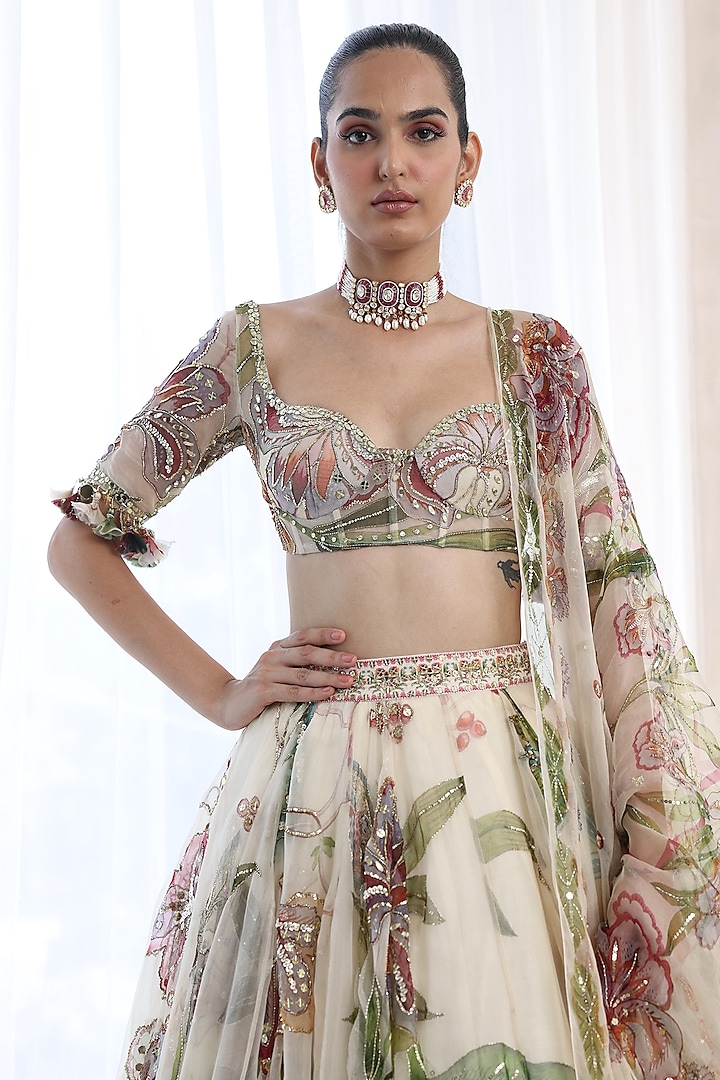 Ivory Organza Printed Bridal Lehenga Set by Mahima Mahajan at Pernia's Pop Up Shop