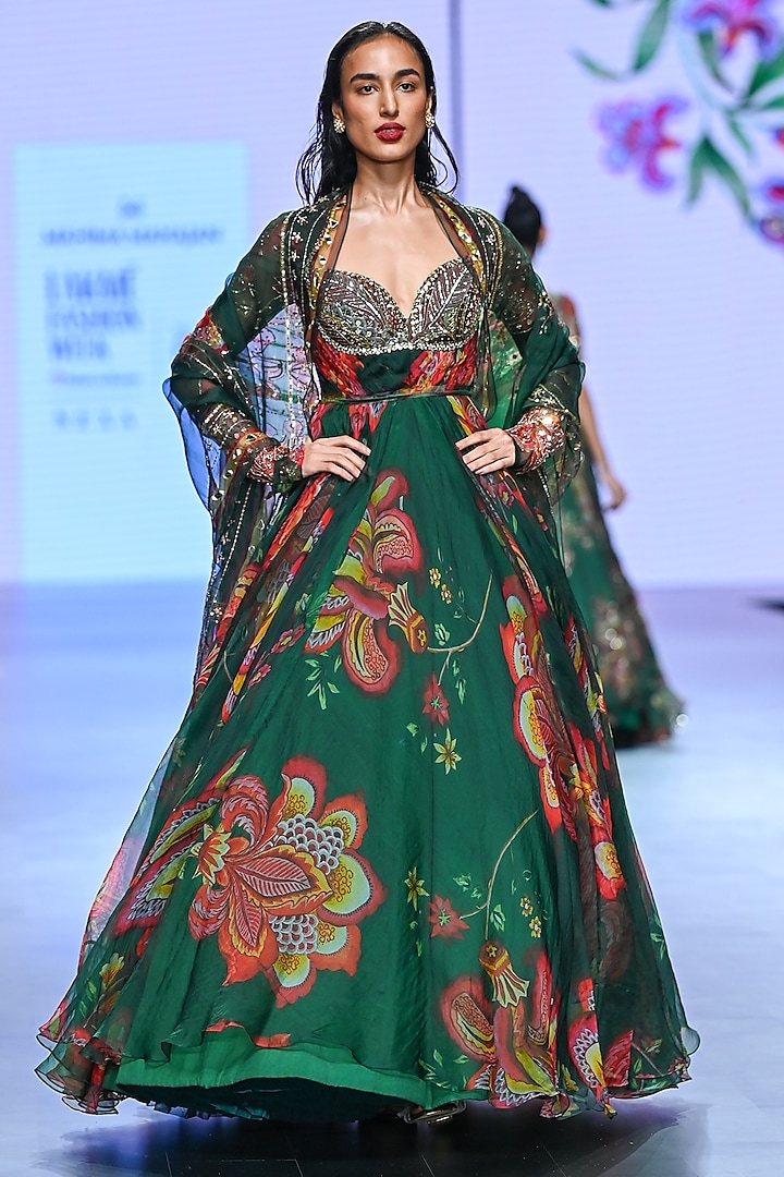 Green Organza Embroidered Wedding Anarkali Set by Mahima Mahajan at Pernia's Pop Up Shop