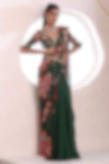 Green Georgette Pre-Draped Wedding Saree Set by Mahima Mahajan at Pernia's Pop Up Shop
