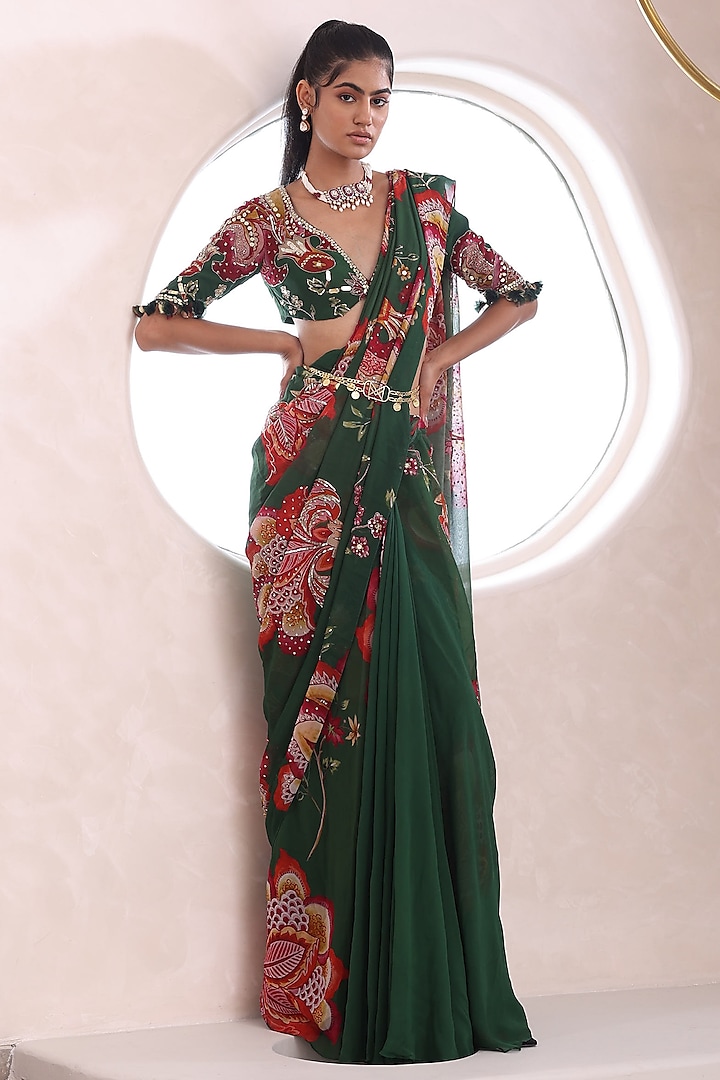 Green Georgette Pre-Draped Wedding Saree Set by Mahima Mahajan at Pernia's Pop Up Shop