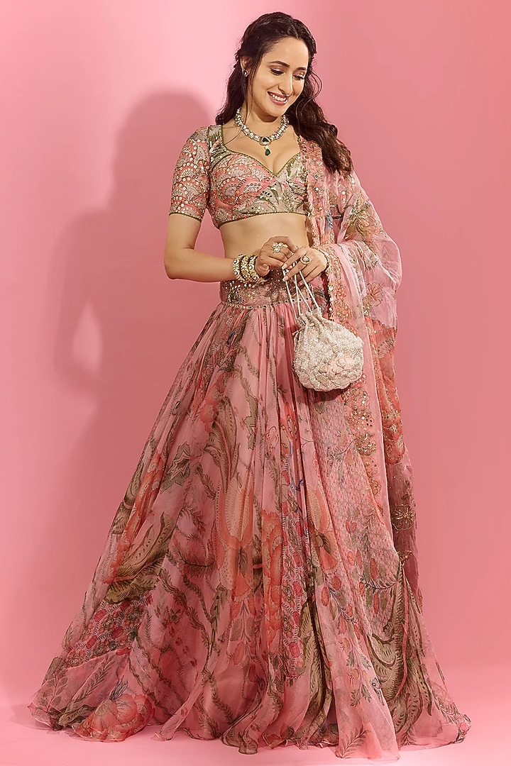 Pink Organza & Raw Silk Embroidered Wedding Lehenga Set by Mahima Mahajan at Pernia's Pop Up Shop