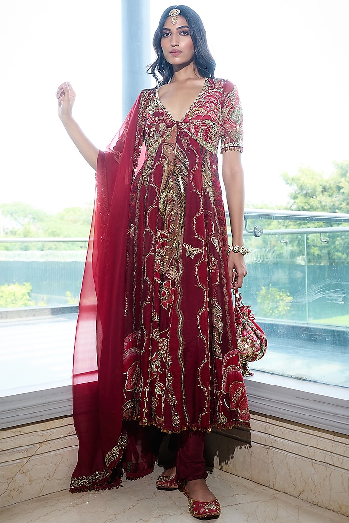 Sindoori Red Organza & Glazed Cotton Embroidered Kalidar Bridal Anarkali Set by Mahima Mahajan at Pernia's Pop Up Shop