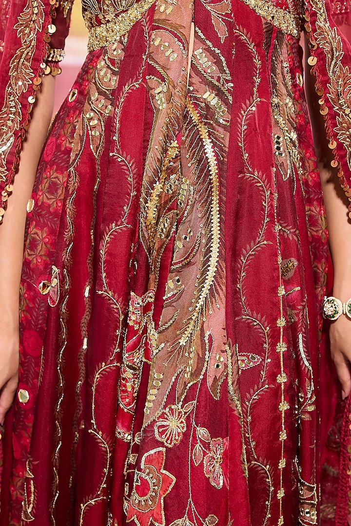 Sindoori Red Organza & Glazed Cotton Embroidered Kalidar Bridal Anarkali Set by Mahima Mahajan at Pernia's Pop Up Shop