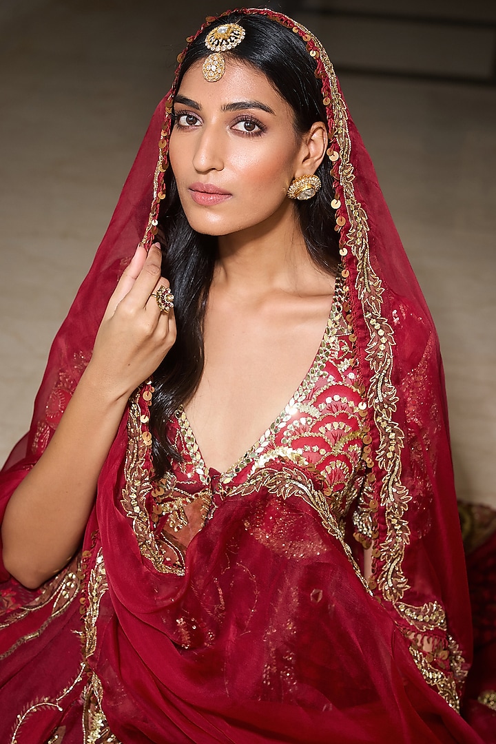 Sindoori Red Organza & Glazed Cotton Embroidered Kalidar Bridal Anarkali Set by Mahima Mahajan at Pernia's Pop Up Shop