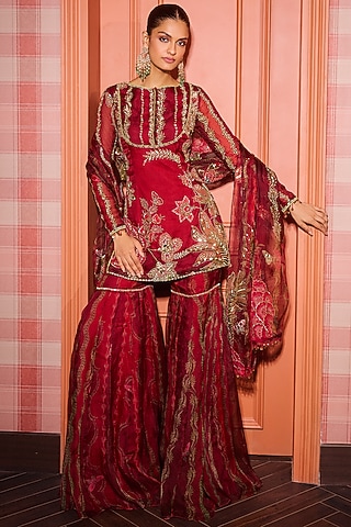 Sindoori Red Organza Gharara Set by Mahima Mahajan