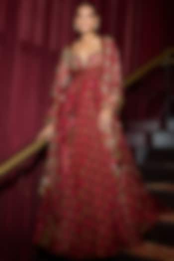 Sindoori Red Organza Hand Embroidered Bridal Anarkali Set by Mahima Mahajan at Pernia's Pop Up Shop