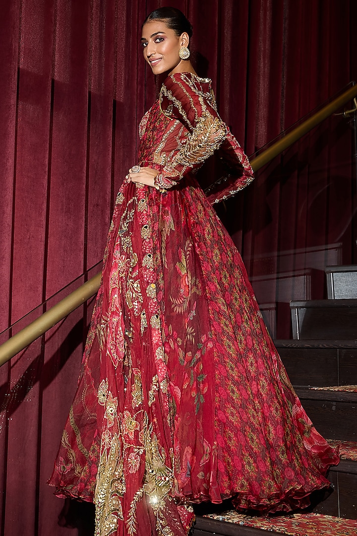 Sindoori Red Organza Hand Embroidered Bridal Anarkali Set by Mahima Mahajan at Pernia's Pop Up Shop