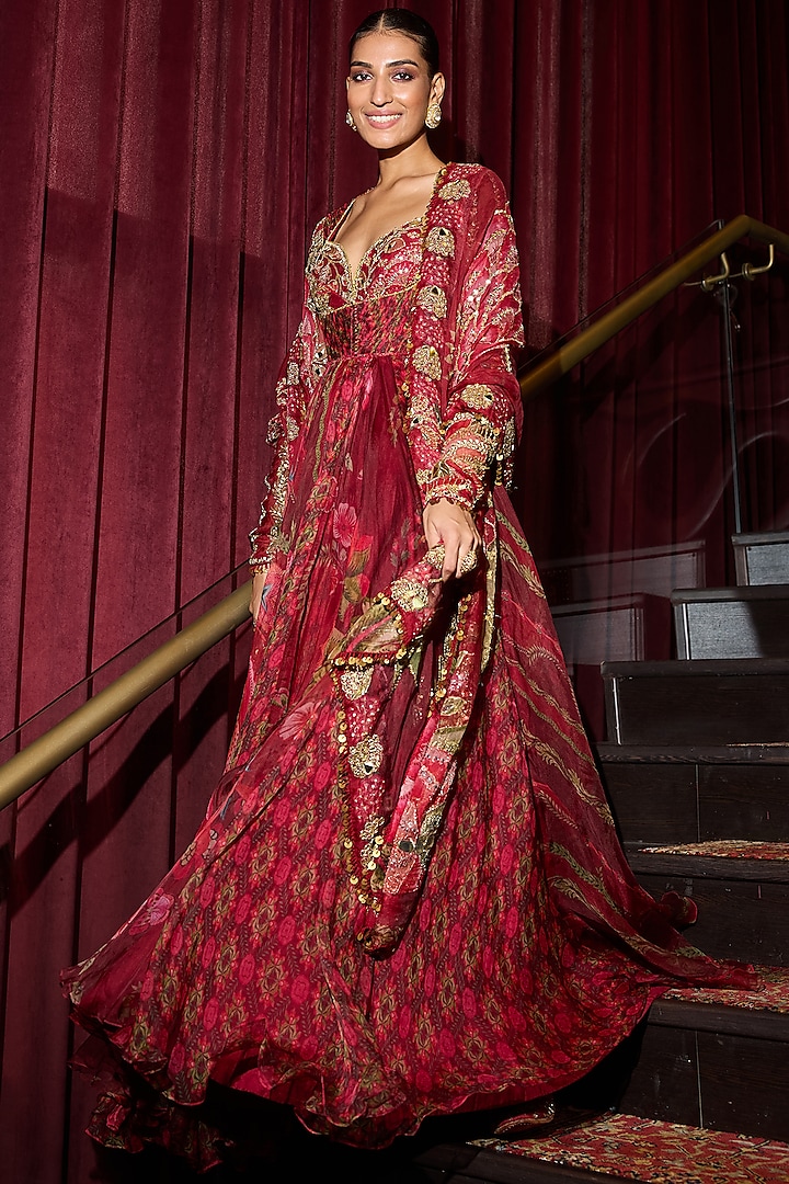 Sindoori Red Organza Hand Embroidered Bridal Anarkali Set by Mahima Mahajan at Pernia's Pop Up Shop