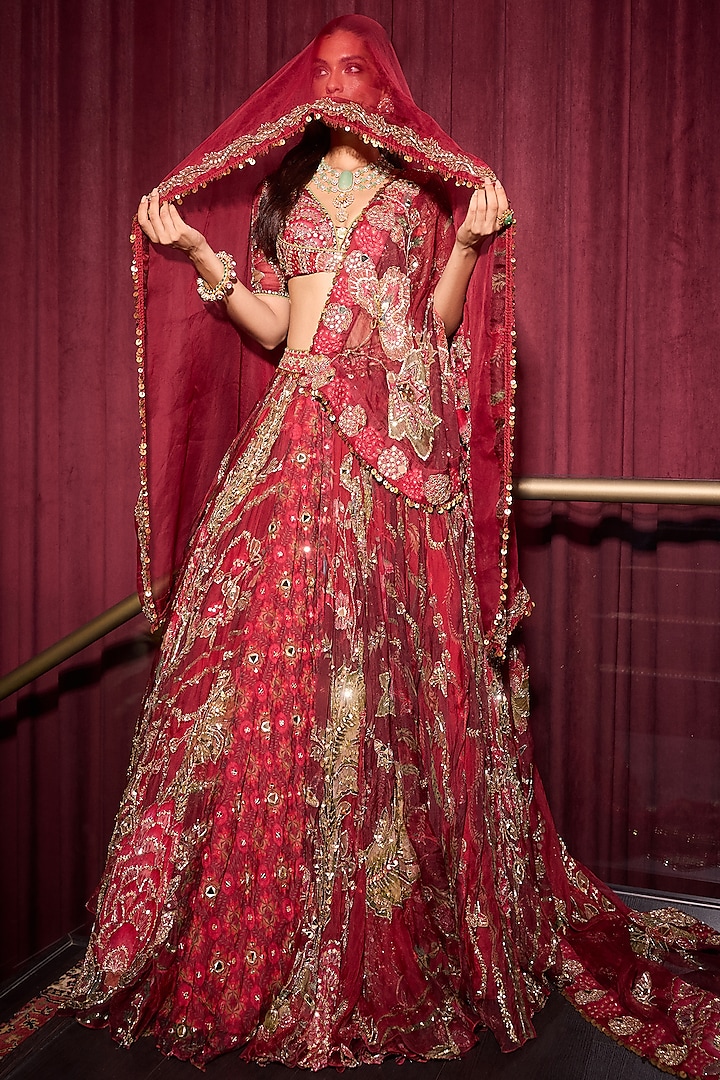 Sindoori Red Organza Hand Embroidered Bridal lehenga for 22 Lehenga Set by Mahima Mahajan at Pernia's Pop Up Shop