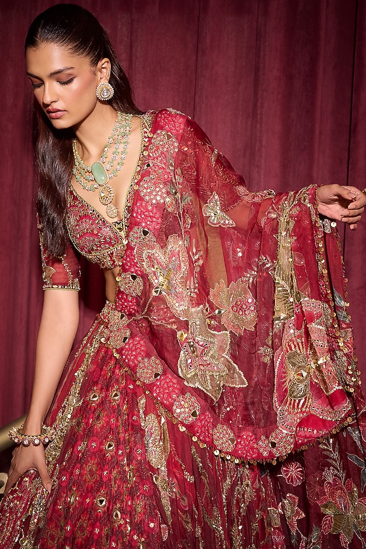 Sindoori Red Organza Hand Embroidered Bridal Lehenga Set by Mahima Mahajan at Pernia's Pop Up Shop