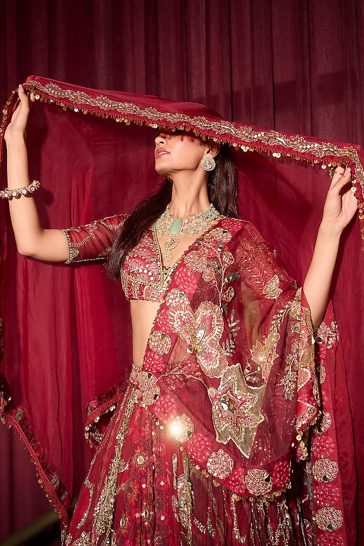 Sindoori Red Organza Hand Embroidered Bridal Lehenga Set by Mahima Mahajan at Pernia's Pop Up Shop