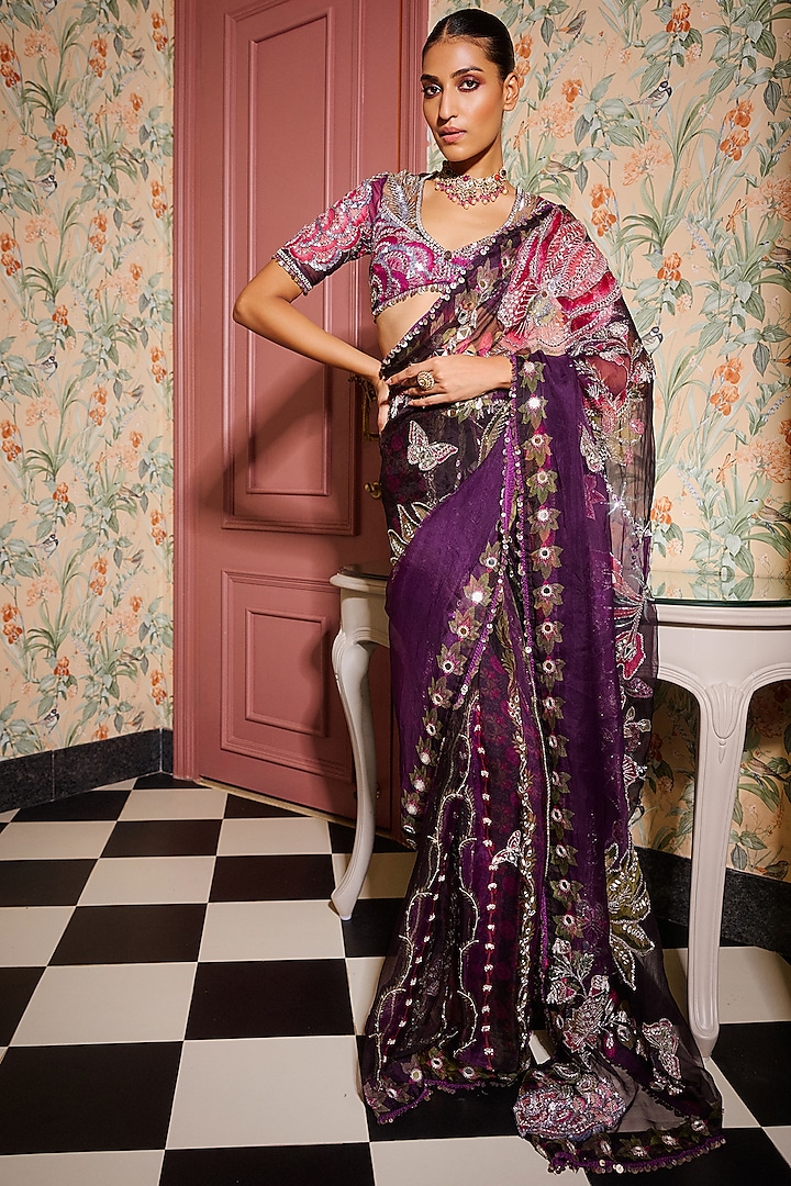 Grapevine Organza Hand Embroidered Pre-Draped Reception Saree Set by Mahima Mahajan at Pernia's Pop Up Shop