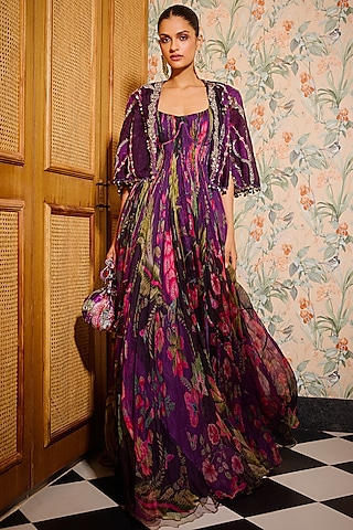 Grape Wine Organza Embroidered Anarkali Set by Mahima Mahajan