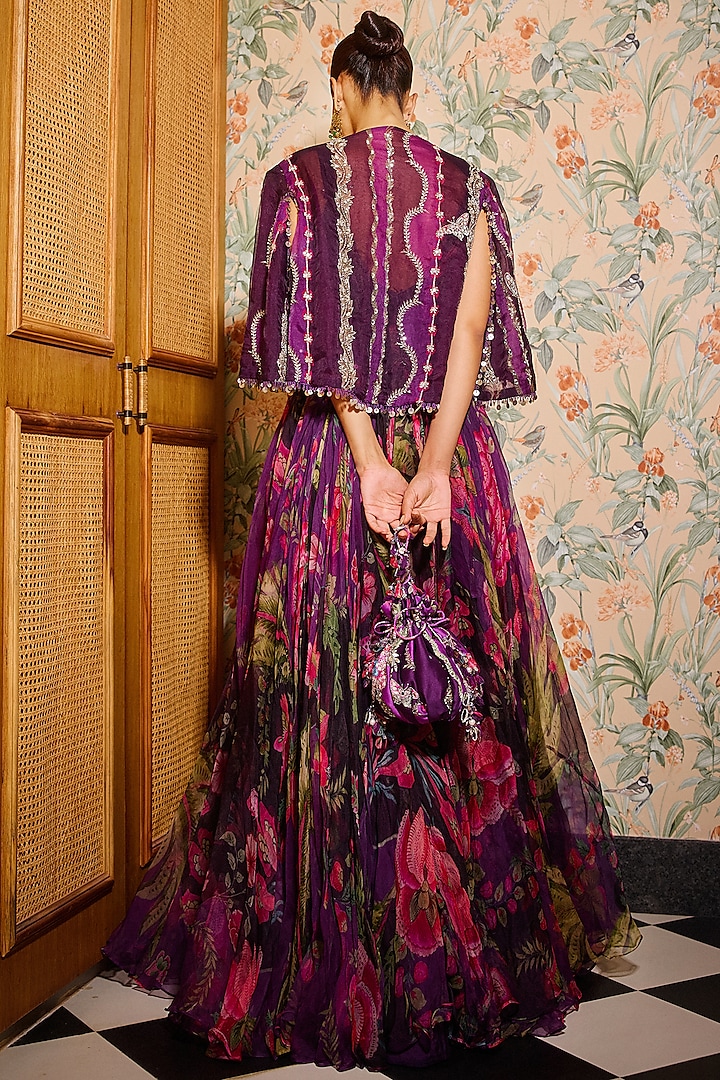 Grape Wine Organza Embroidered Wedding Anarkali Set by Mahima Mahajan at Pernia's Pop Up Shop