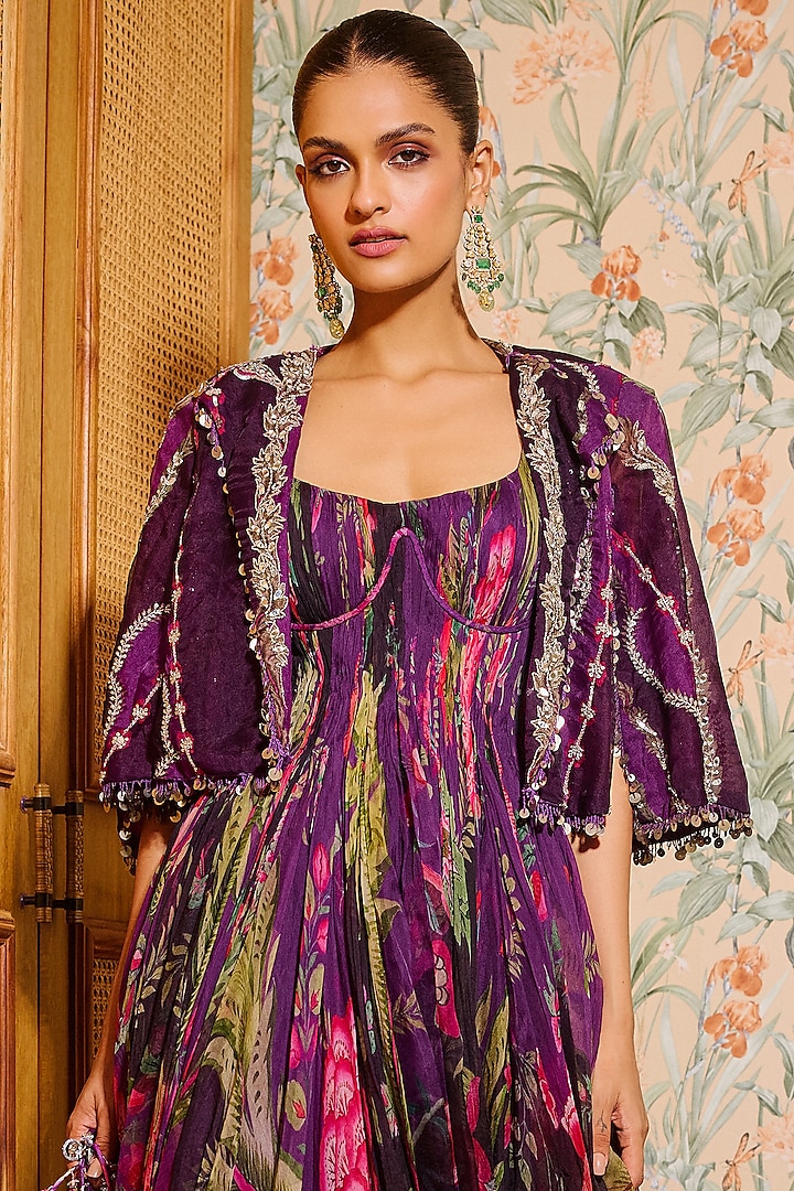 Grape Wine Organza Embroidered Wedding Anarkali Set by Mahima Mahajan at Pernia's Pop Up Shop