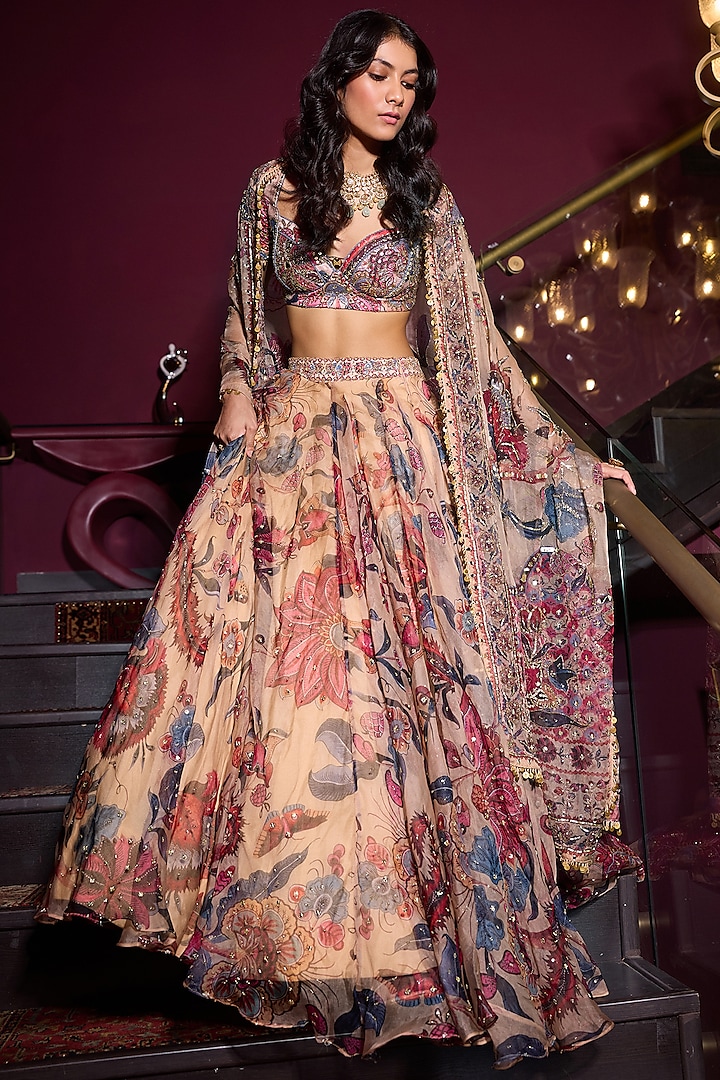 Sand Colored Organza & Raw Silk Hand Embroidered Wedding Lehenga Set by Mahima Mahajan at Pernia's Pop Up Shop