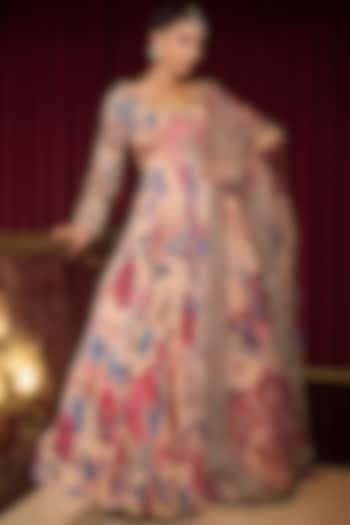 Sand Colored Organza & Georgette Hand Embroidered Wedding Anarkali Set by Mahima Mahajan at Pernia's Pop Up Shop