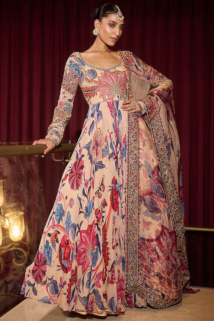 Sand Colored Organza & Georgette Hand Embroidered Wedding Anarkali Set by Mahima Mahajan at Pernia's Pop Up Shop