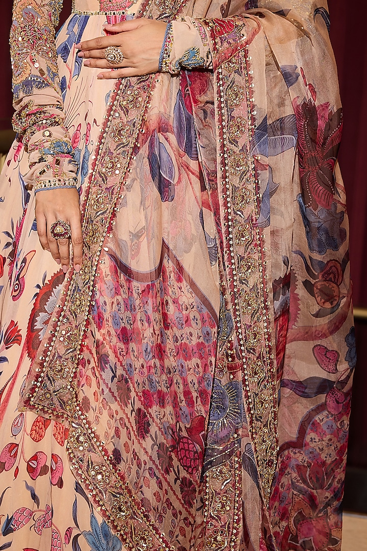 Sand Colored Organza & Georgette Hand Embroidered Wedding Anarkali Set by Mahima Mahajan at Pernia's Pop Up Shop