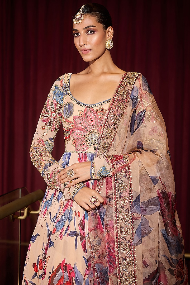 Sand Colored Organza & Georgette Hand Embroidered Wedding Anarkali Set by Mahima Mahajan at Pernia's Pop Up Shop