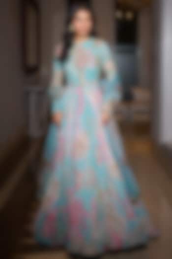 Aquamarine Organza & Georgette Hand Embroidered Wedding Anarkali Set by Mahima Mahajan at Pernia's Pop Up Shop