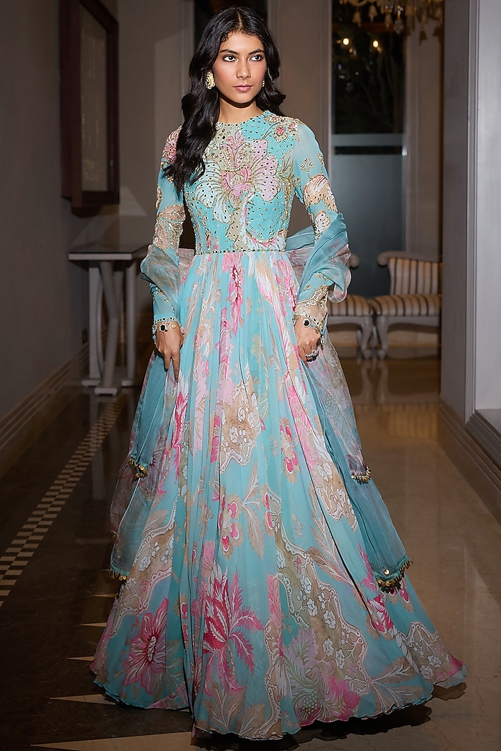 Aquamarine Organza & Georgette Hand Embroidered Wedding Anarkali Set by Mahima Mahajan at Pernia's Pop Up Shop