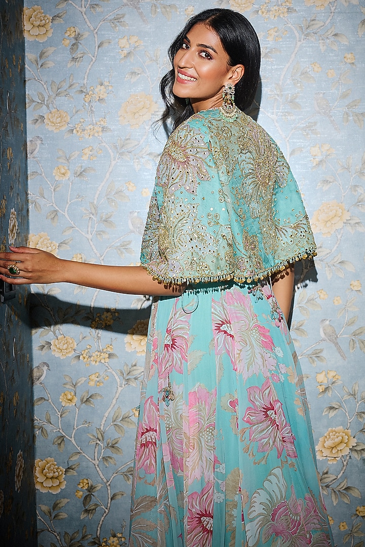 Aquamarine Organza & Georgette Wedding Anarkali Set by Mahima Mahajan at Pernia's Pop Up Shop