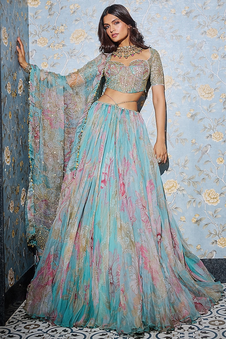 Aquamarine Organza Lehenga Set by Mahima Mahajan