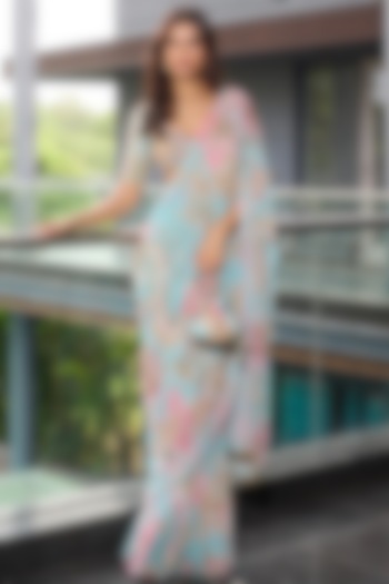 Aquamarine Georgette Hand Embroidered Pre-Draped Wedding Saree Set by Mahima Mahajan at Pernia's Pop Up Shop
