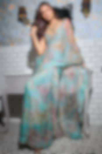 Aquamarine Organza Hand Embroidered Pre-Draped Wedding Saree Set by Mahima Mahajan at Pernia's Pop Up Shop
