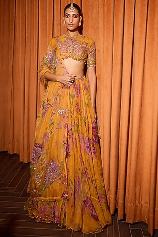 Kesar Yellow Organza Lehenga Set by Mahima Mahajan
