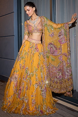 Kesar Yellow Organza Hand Embroidered Lehenga Set by Mahima Mahajan